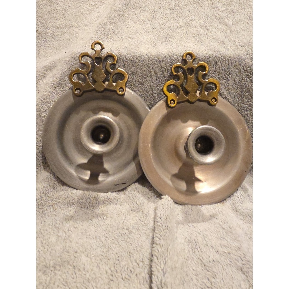 Vintage Pewter Candle Stick Holders Dish Scroll‎ Brass Handle 4" Set Of 2